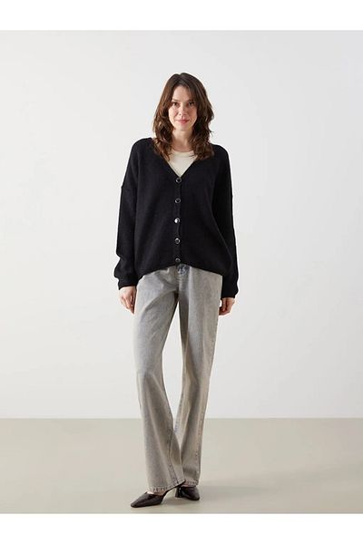 LC Waikiki Lcwaikiki Classic Black V-Neck Oversize Women's Knitwear Cardigan