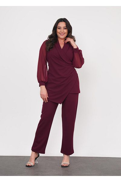 Butik Nilyam طقم فستان سهرة قابل للتمدد بمقاس كبير مع خط عنق مزدوج الصدر وأكمام شيفون - بنطلون بأزرار للخصر 24718