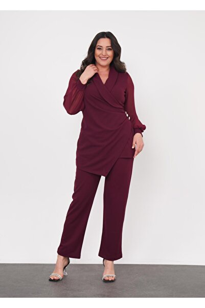 Butik Nilyam Plus Size Stretchy Evening Dress Set - Double Breasted Neckline, Chiffon Sleeve and Waist Button Detail Blouse, Pants 24717