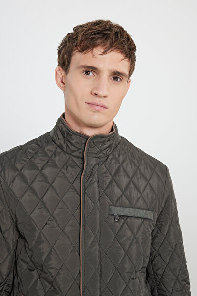 ALTINYILDIZ CLASSICS Erkek Haki Standart Fit Normal Kesim Dik Yaka Desenli Overcoat