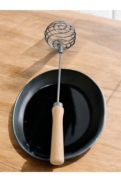 MyBru Stainless Steel Wood Handle Round Manual Spring Egg Beater