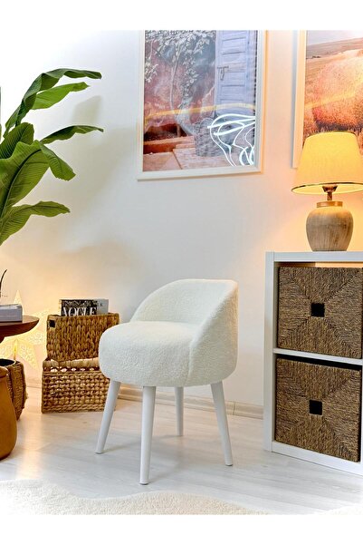 WEBPANYA X Large Beyaz Tedy Kumaş  Dekoratif  Berjer Puf Makyaj Masası Pufu