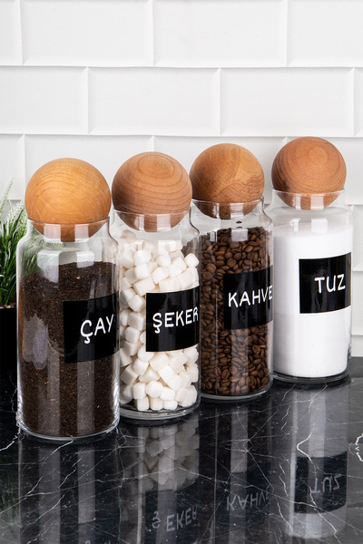 DNS HOME Glass Set of 4 with 1300ml Capacity - Wooden Ball, Sugar Tea and Salt Coffee Storage Sticker Jar Set
