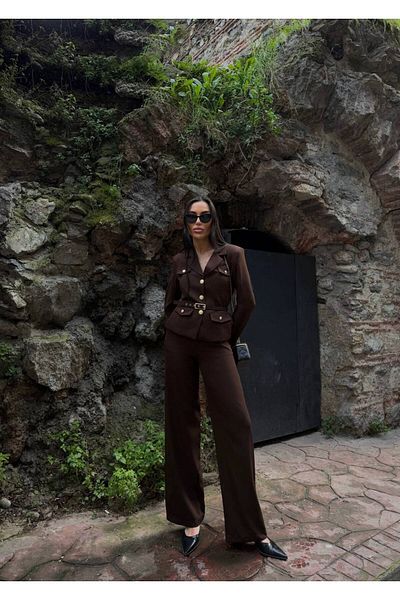 Rabury Butik Elizabeth Gold Detailed Belted Blazer Jacket Palazzo Pants