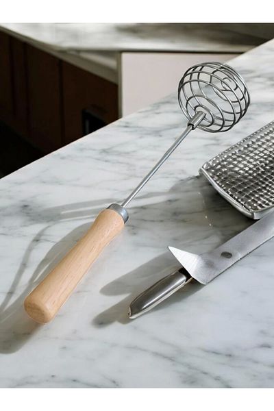 MyBru Stainless Steel Wood Handle Round Manual Spring Egg Beater