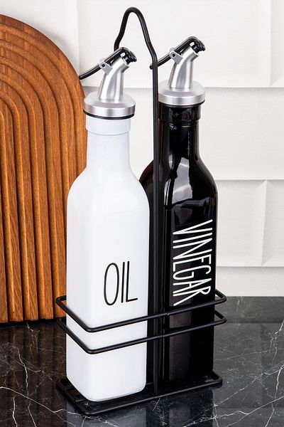 DNS HOME Set of 2 Glass Oil Pots Black and White Glass Oil Pots with Leak Proof Lock Lid Metal Stand 500ml