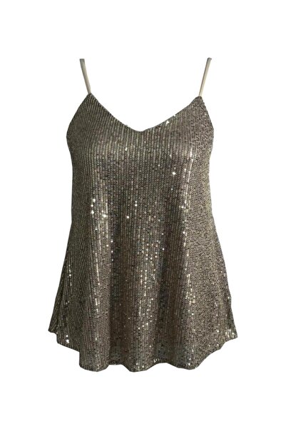 VENTİUP BEJ SILVER PAYETLİ ASKILI BLUZ
