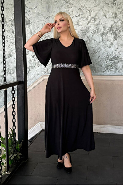 RURIS Women's Black Waist Sequin Detailed Lycra Sandy Midi Length Plus Size E...