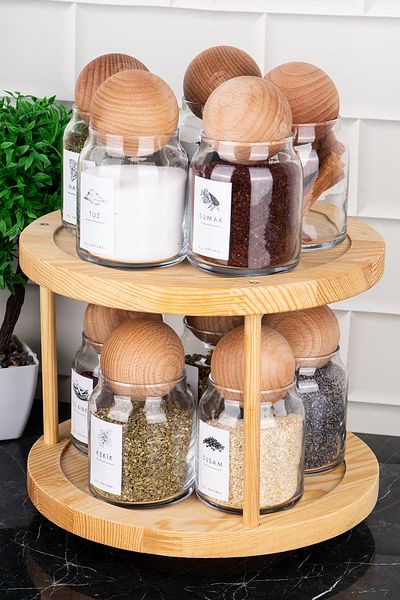 DNS HOME Set of 10 Natural Wood Ball Lids Rotating Stand Labeled Glass Seasoning Dishes Jar Set 300ml