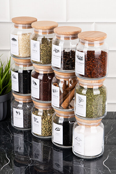 DNS HOME 300 ml Glass Spice Rack Set - Wooden Vacuum Lid Jar Set with Label
