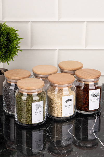 DNS HOME 6-Piece Glass Spice Rack Set Wooden Vacuum Lid Labeled Storage Container Jar Set 300ml