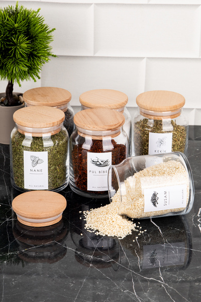DNS HOME 6-Piece Glass Spice Rack Set Wooden Vacuum Lid Labeled Storage Container Jar Set 300ml