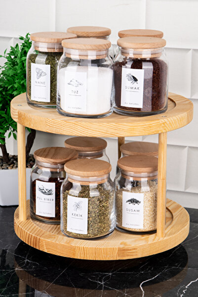 DNS HOME 10-Piece Natural Wood Vacuum Lid Rotating Stand Labeled Spice Dispenser Set Glass Jar Set 300ml