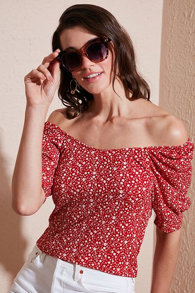 Lela Three Quarter Sleeve Wide Neck Blouse Bluz 5869001