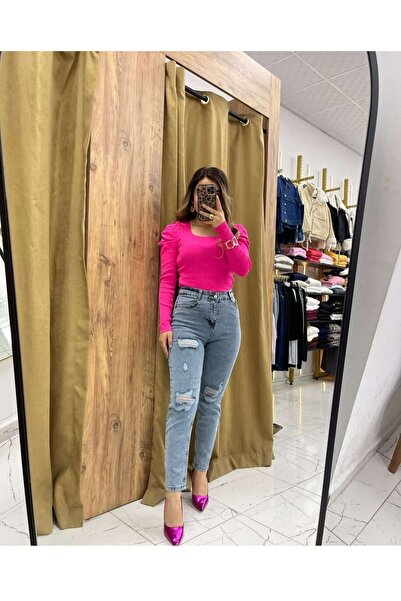 Butik Lazerli yırtıklı kadın momjeans