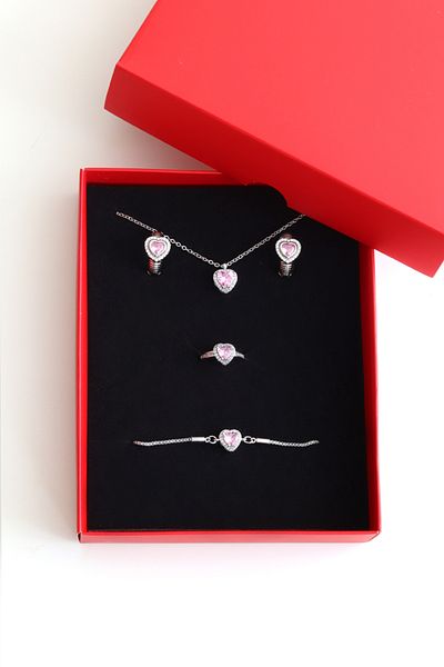 DHARMONYCO Silver Jewelry Set with Red Box and Pink Stone