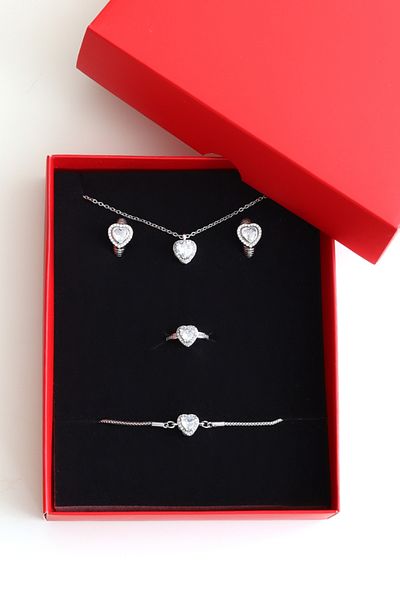 DHARMONYCO Red Boxed Transparent Stone Silver Jewelry Set