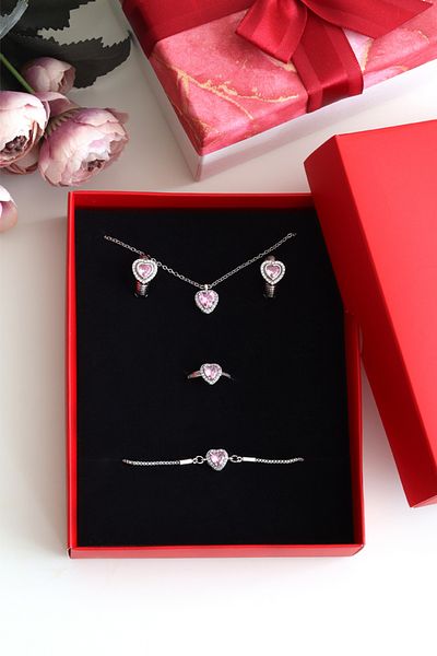 DHARMONYCO Silver Jewelry Set with Red Box and Pink Stone