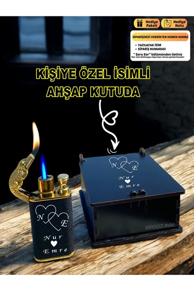 birdoz avm Kişiye Özel Isimli Hediyelik Sevgililer Günü Özel Tasarım Timsah Çakmak & Özel Ahşap Kutu