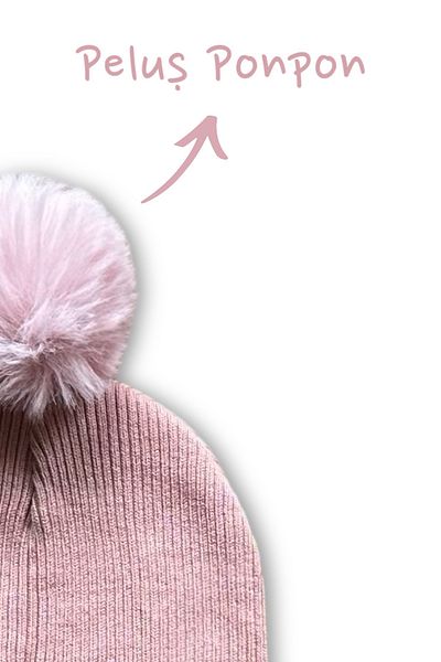 Battani.Co 100% Cotton Pink Plush Pompom Rib Knitwear Knitted 2-Piece Scarf Beanie Set