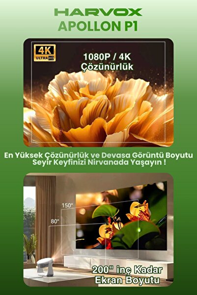 Genel Markalar P1  Taşınabilir Powerbankli 4K Destekli 1080P Android Sistemli Sinema Projeksiyon Cihazı