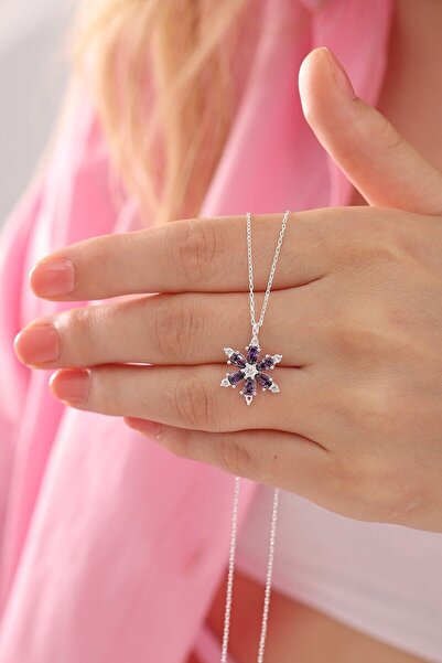 KAR DİAMOND 925 Ayar Gümüş Zincirli Damla Ametist Taşlı Kamelya Lotus Çiçeği ...