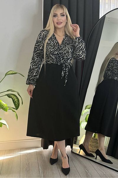 RURIS Black Zebra Print - Double Breasted Neckline and Balloon Sleeve Detail Lycra Midi Plus Size Evening Dress