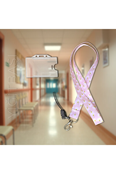 YİĞİTBAŞI Pembe Düşler Desen Boyun İpi Ve Telefon Askısı Okul ,hastane , BOYUN İPİ +ŞEFFAF YATAY KARTLIK