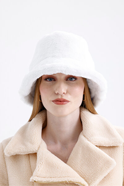 nord arc Beyaz Kışlık Kadın Vegan Kürk Peluş Bucket Kova Şapka