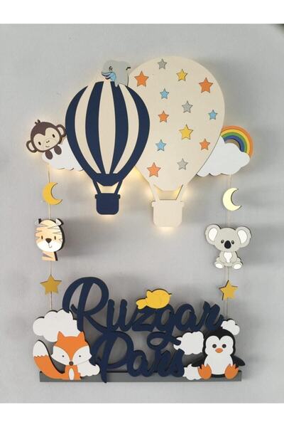Atölye Selçukum Hayvanlar Temalı Balonlu Işıklı Bebek Ahşap Kapı Süsü