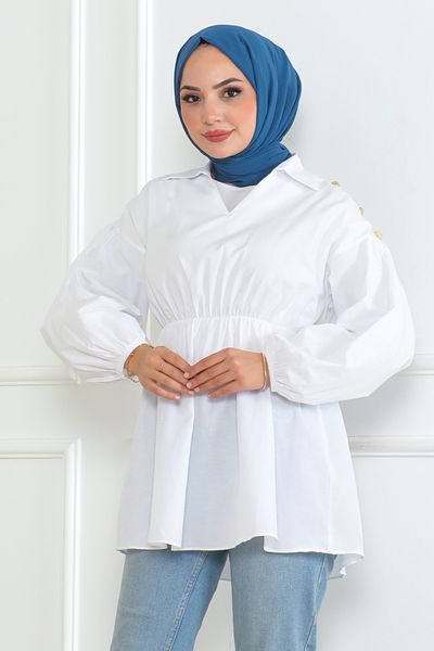 Eliva Cămașă hijab cu decolteu în V pentru femei, cu talie elastică, cu nasturi, cu tiv cu volan