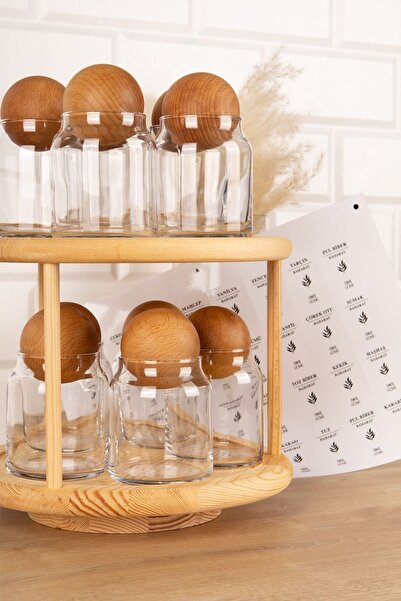 DNS HOME 10'lu Ahşap Top Kapaklı Döner Standlı Etiketli Cam Baharatlık Seti Saklama Kavanozu 300 ml