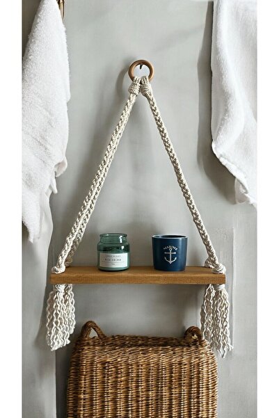 VOBU HOME & LIFE DESIGN Mutfak Ve Banyo Rafı, Makrome Askılı Minimal Raf, Pinterest Tarzı Ahşap Raf, Dekoratif Duvar Rafı,