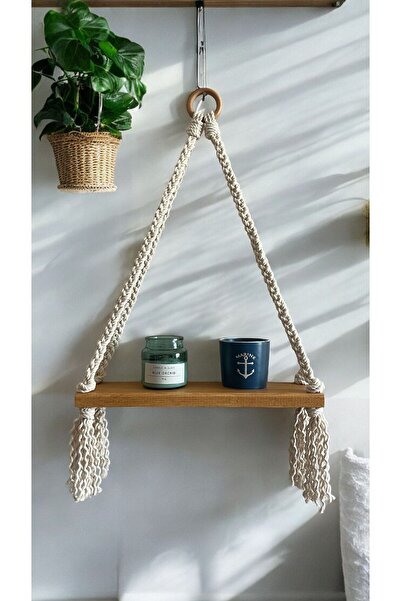 VOBU HOME & LIFE DESIGN Mutfak Ve Banyo Rafı, Makrome Askılı Minimal Raf, Pinterest Tarzı Ahşap Raf, Dekoratif Duvar Rafı,