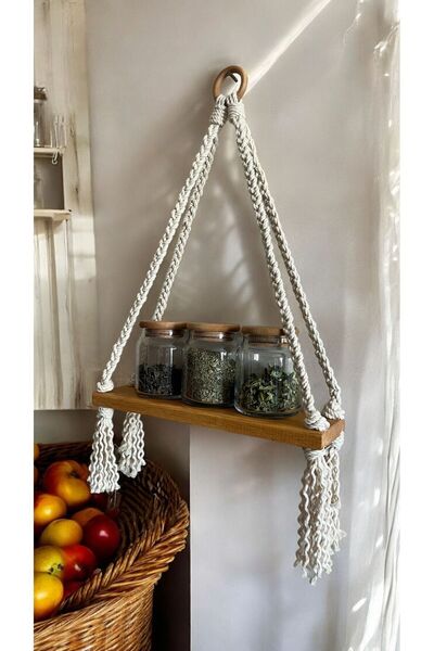 VOBU HOME & LIFE DESIGN Mutfak Ve Banyo Rafı, Makrome Askılı Minimal Raf, Pinterest Tarzı Ahşap Raf, Dekoratif Duvar Rafı,