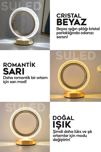 SULED Dekoratif Oval Masa Lambası Crystal Moon USB Şarjlı 3 Modlu Ambiyans Led Gece Lambası