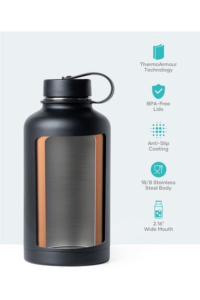 buzi Vacuum Insulated Stainless Steel Water Bottle 64oz (Cold for 48 Hrs/Hot for 24 Hrs) BPA Free