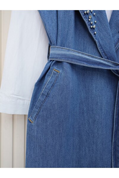 Modamorfo Μπλε τζιν γιλέκο - με πέτρινη λεπτομέρεια στο μπροστινό μέρος και ζώνη