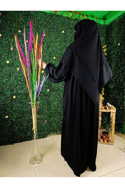 ABAYA Umre Suit Black Medina Silk Σετ 3 τεμαχίων - Φόρεμα σουφλέ Κινητό πέπλο