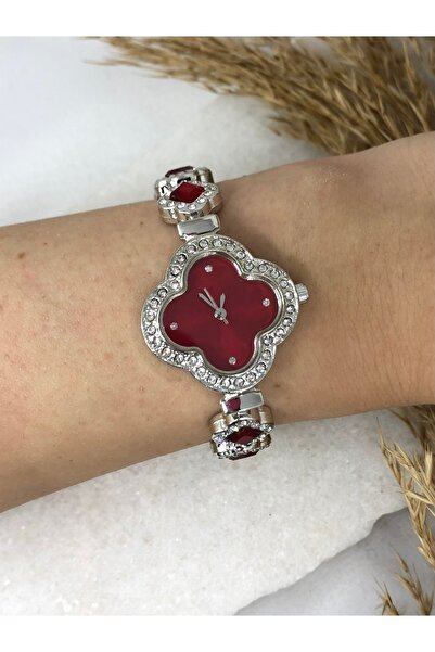 TD TRENDDURAGI Clover Case Vintage Tiny Stone Detailed Silver Red-Burgundy Women's Wristwatch