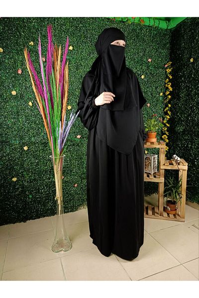 ABAYA Umre Suit Black Medina Silk Σετ 3 τεμαχίων - Φόρεμα σουφλέ Κινητό πέπλο