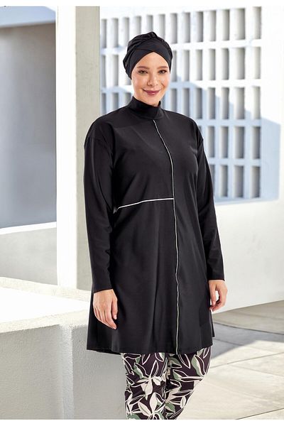 Adasea Women's Large Size Lycra Long Sleeve Full Covered Hijab Swimsuit 1801 Black
