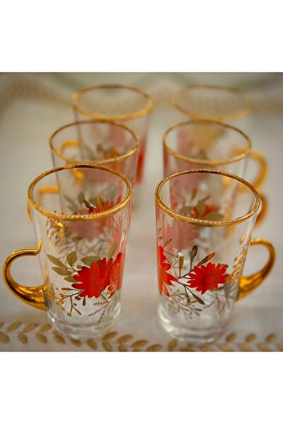 DUKKANI ISTANBUL 6-Person Vintage Red Tea Cup with Handle - Daisies