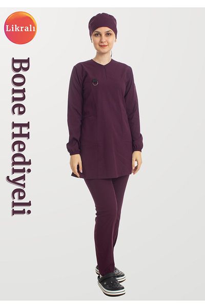 Simirna Üniforma Plum Premium Fabric Lycra Hijab Nurse Scrubs and Doctor Uniform Bottom and Top Set