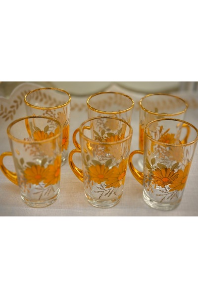 DUKKANI ISTANBUL Kulplu Çay Bardağı 6 Kişilik Vintage Sarı Papatya