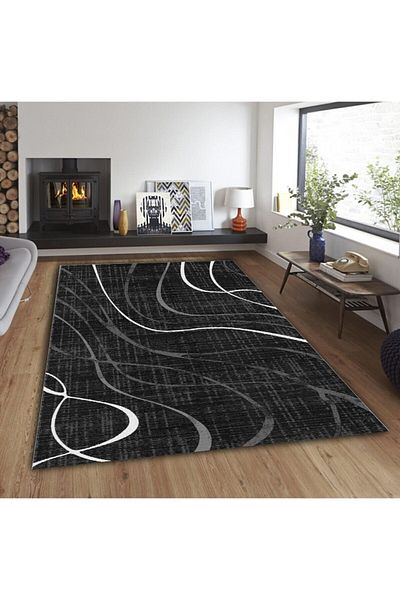 armolin Black Wavy Patterned Velvet Appearance Elastic Carpet Cover Hoarm-948