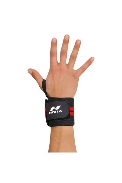 Nivia Weight Lifting Wrist Support |Black/Red, Free Size - Adjustable with Velcro & Thumb Loop Strap