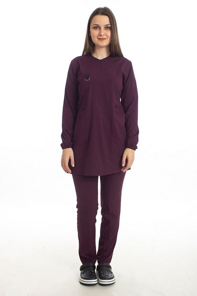 Simirna Üniforma Plum Premium Fabric Lycra Hijab Nurse Scrubs and Doctor Uniform Bottom and Top Set