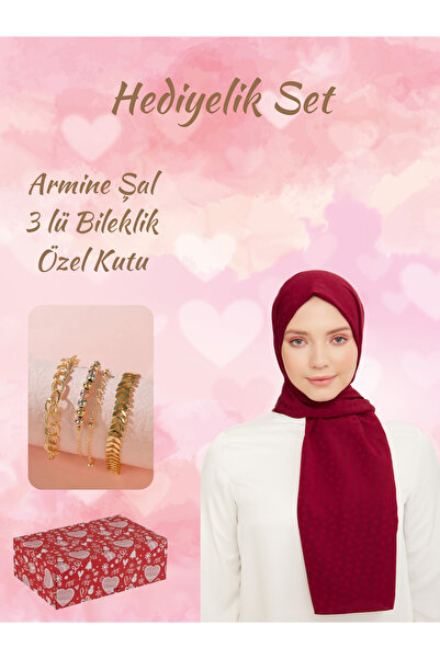 Armine Jakarlı Kalp Detaylı Şal ve Bileklik Sevgililer Günü Hediye Seti Kutulu Gönderim