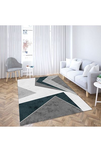 armolin Petrol Green Gray Asymmetric Patterned Velvet Look Elastic Carpet Cover HOARM-1143